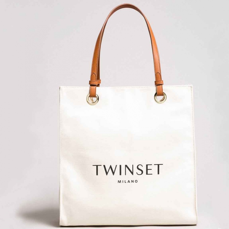 Twinset shopping bag media con logo 191ta7610 neve canvas e manici in similpelle - dettaglio 1