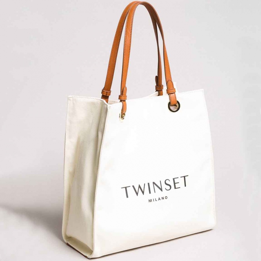 Twinset shopping bag media con logo 191ta7610 neve canvas e manici in similpelle - dettaglio 2