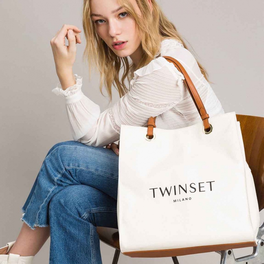Twinset shopping bag media con logo 191ta7610 neve canvas e manici in similpelle - dettaglio 5