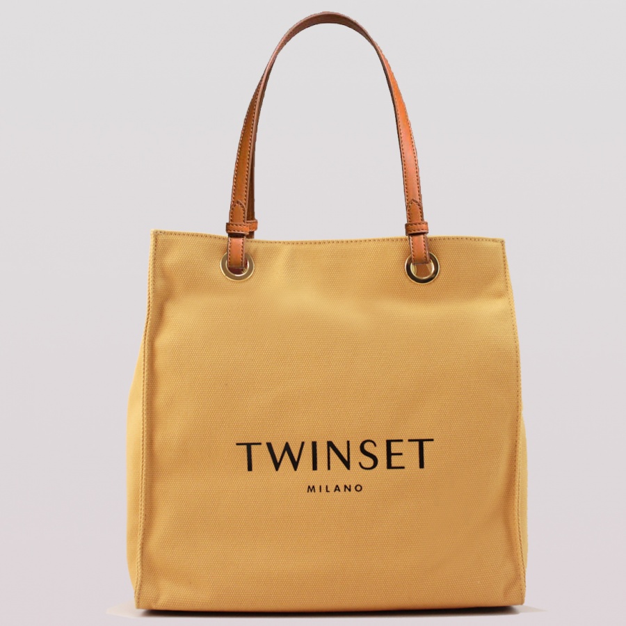 Twinset Shoppin bag Media con logo in Canvas e manici in similpelle Honey Gold - dettaglio 1