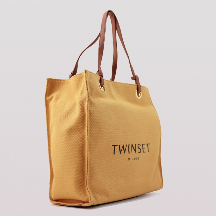 Twinset Shoppin bag Media con logo in Canvas e manici in similpelle Honey Gold - dettaglio 3