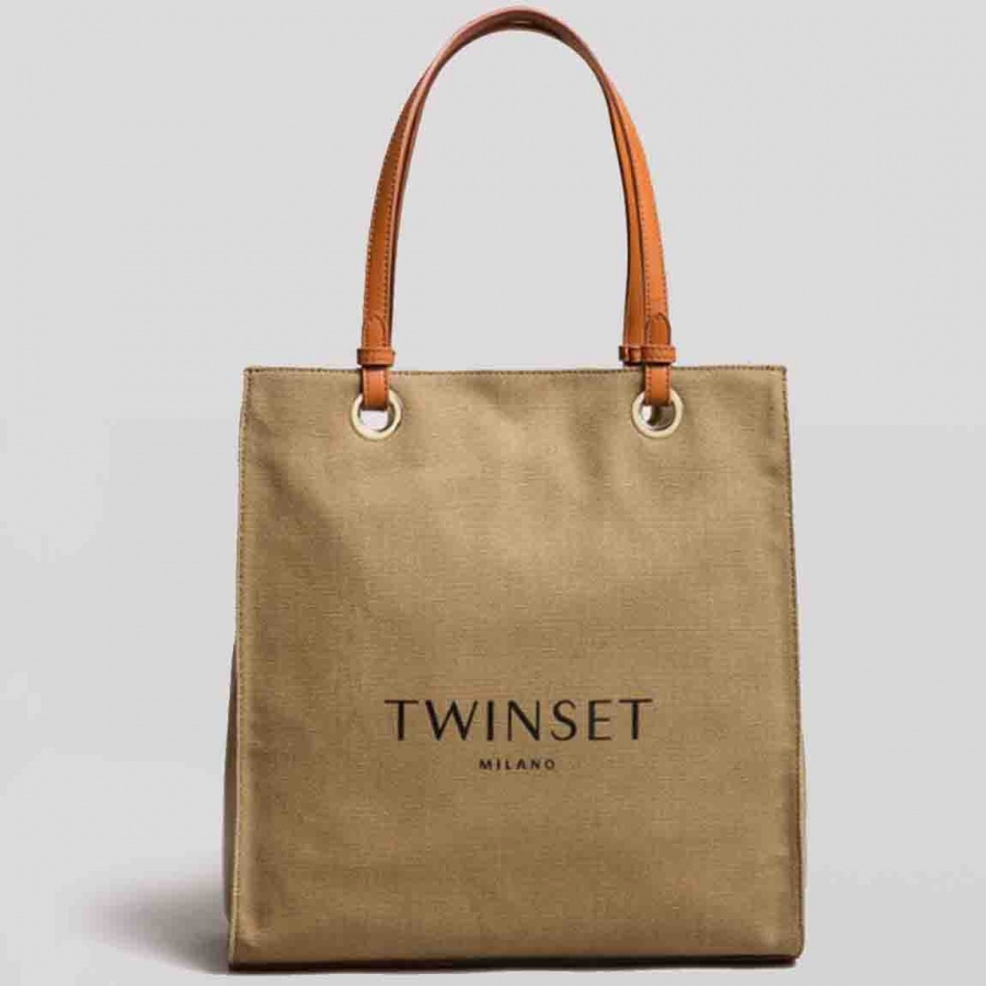 Twinset shoppin bag media con logo 191to8200 olive canvas e manici in similpelle - dettaglio 1