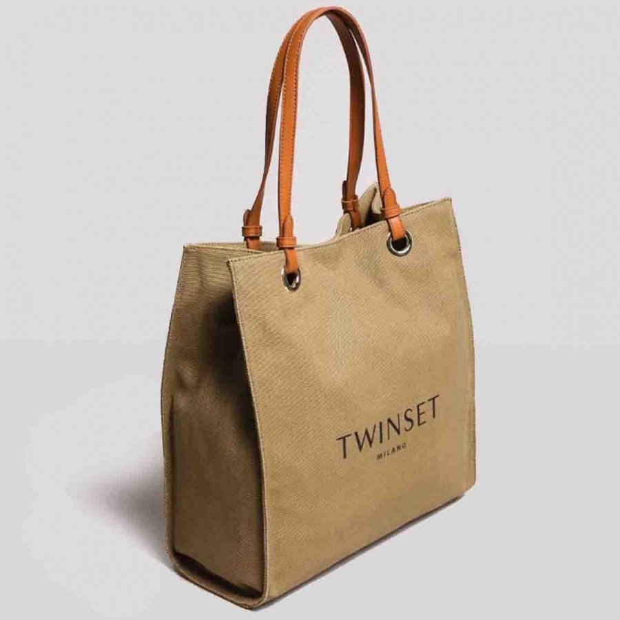 Twinset shoppin bag media con logo 191to8200 olive canvas e manici in similpelle - dettaglio 2