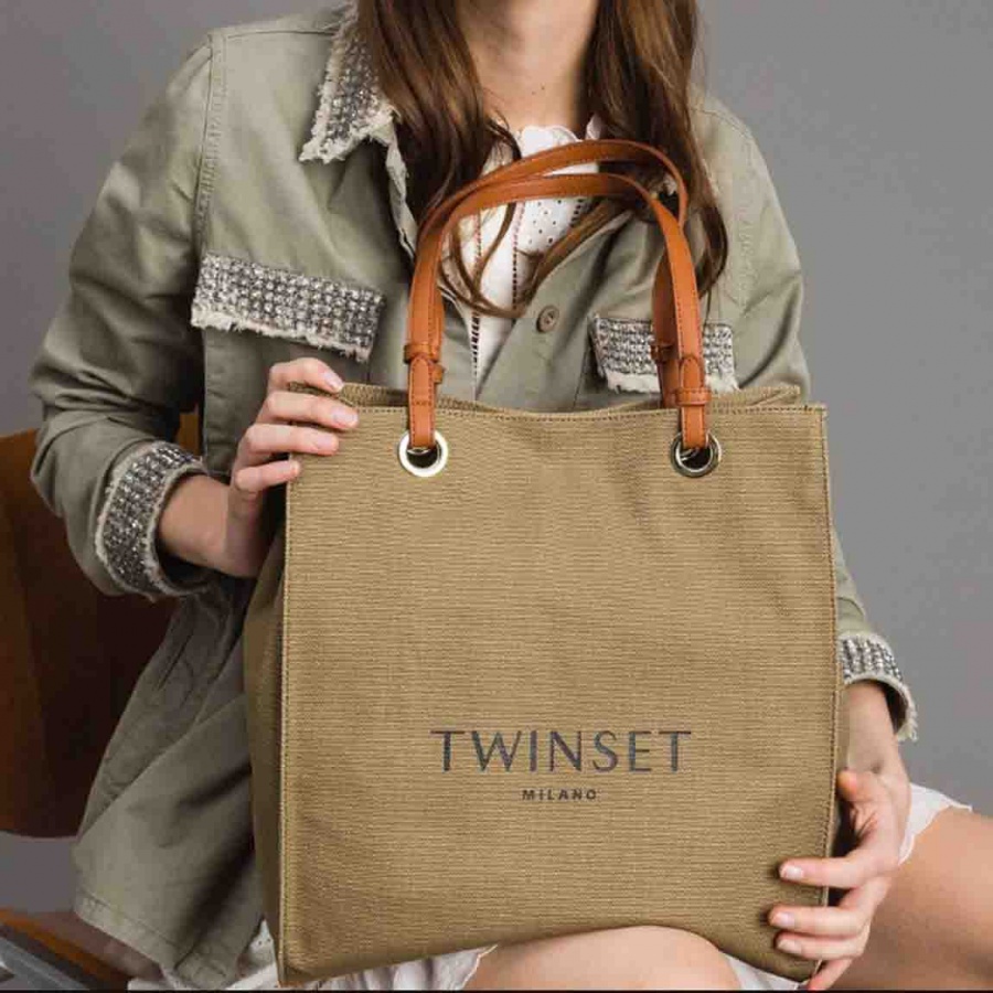 Twinset shoppin bag media con logo 191to8200 olive canvas e manici in similpelle - dettaglio 5